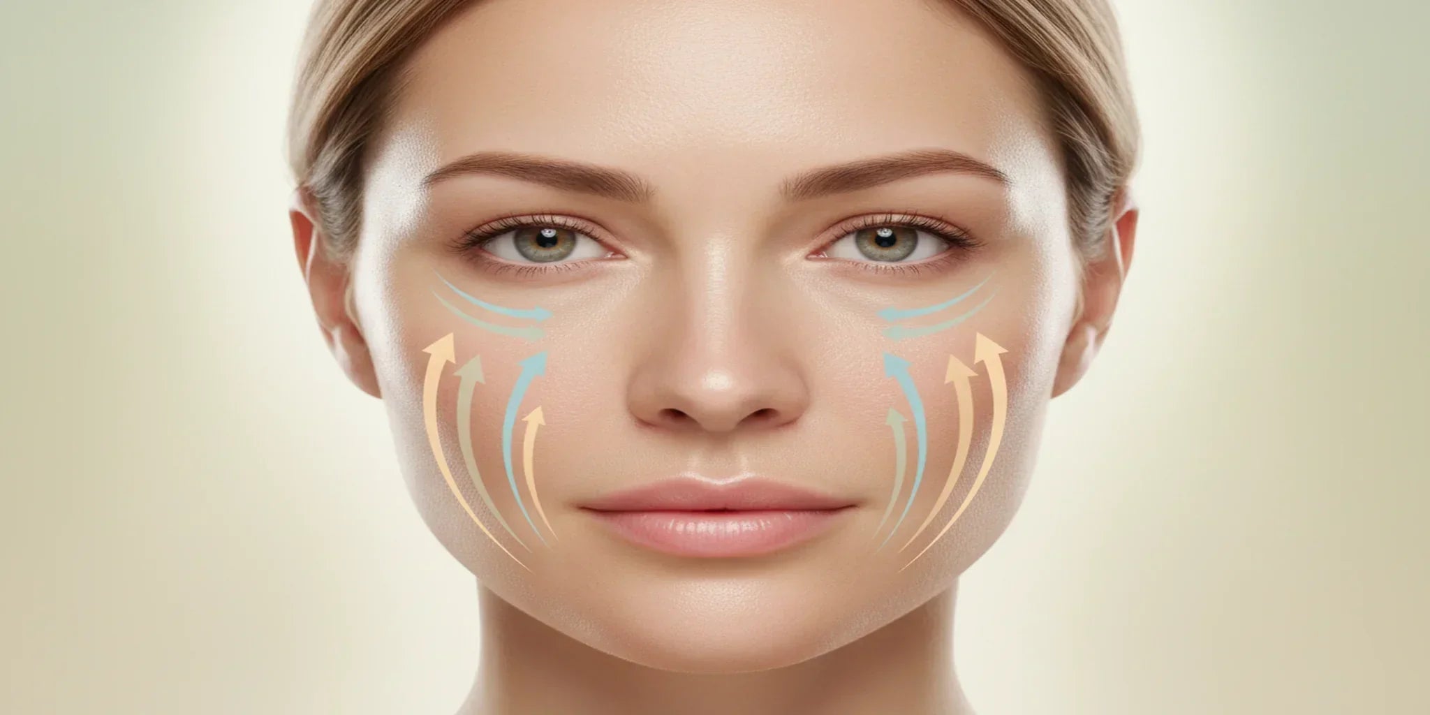 ensko lice sa blagim osmijehom i nježnim strelicama koje pokazuju efekt zatezanja kože – vizual za kombinaciju kolagena i hijaluronske kiseline.