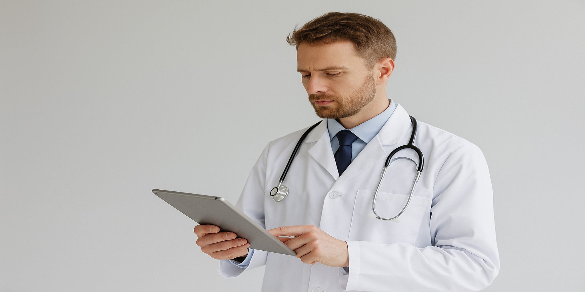 Doktor u belom mantilu drži tablet, zamišljeno posmatra podatke o Premier Collagenu — stručan pristup zdravlju kože i zglobova.