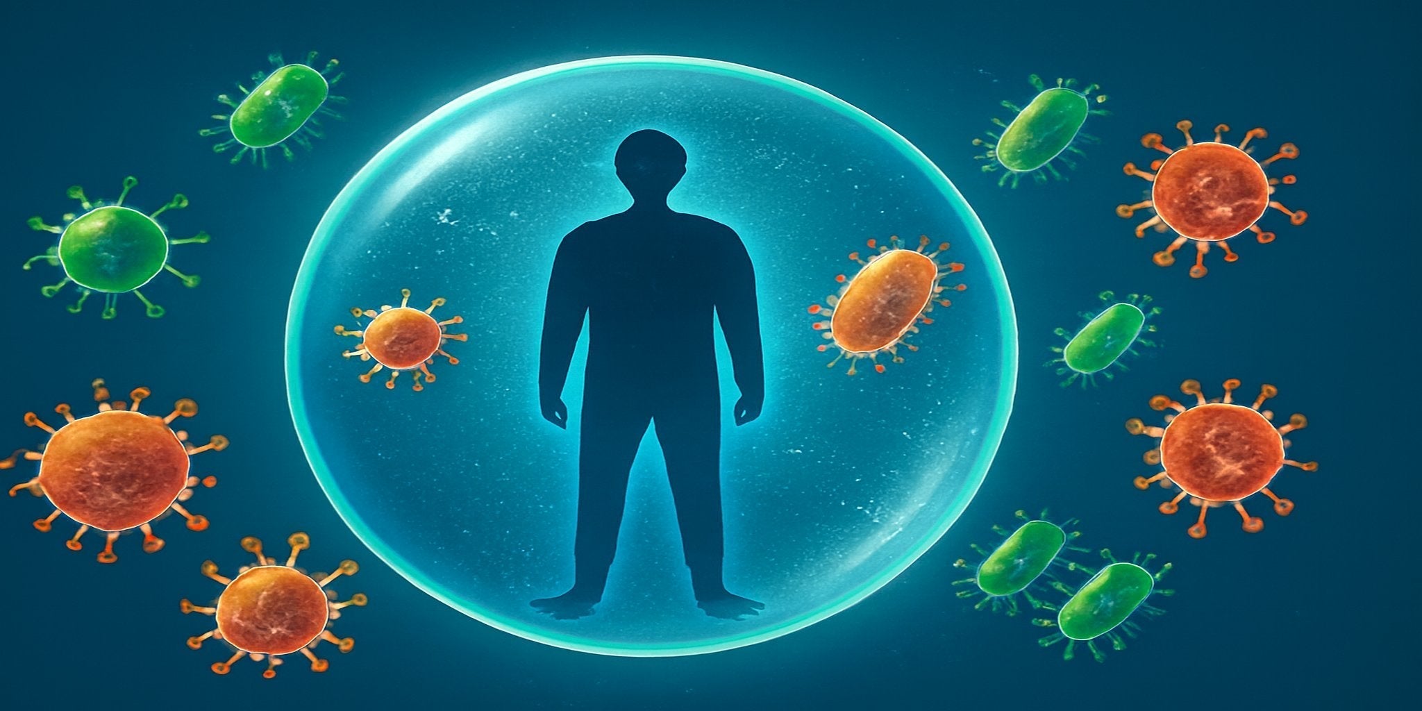 Silueta čoveka unutar mehura sa virusima i bakterijama – simbol jačanja imuniteta uz Premier Collagen