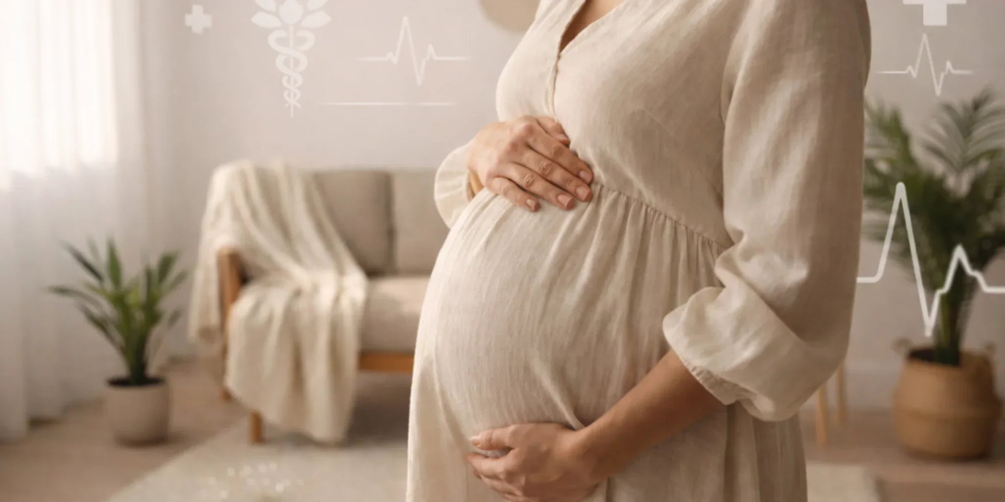 Trudnica nežno drži stomak, simbol zdravlja bebe i bezbedne, mirne trudnoće u toplom enterijeru