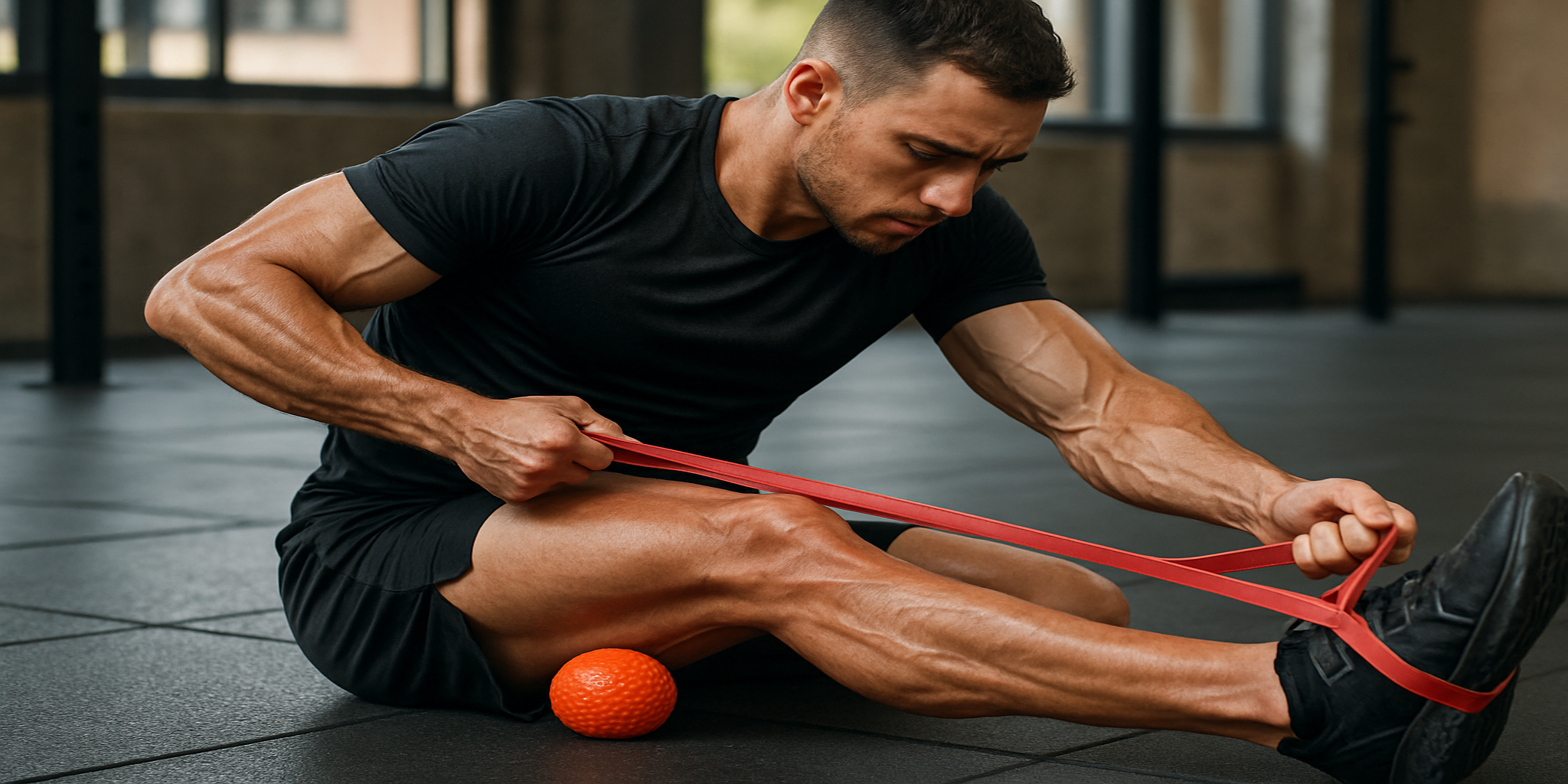 Sportista u crnoj sportskoj opremi koristi crvenu traku za istezanje mišića nakon napornog treninga, dok se oporavlja uz podršku Premier Collagen-a za brži oporavak mišića i zglobova.